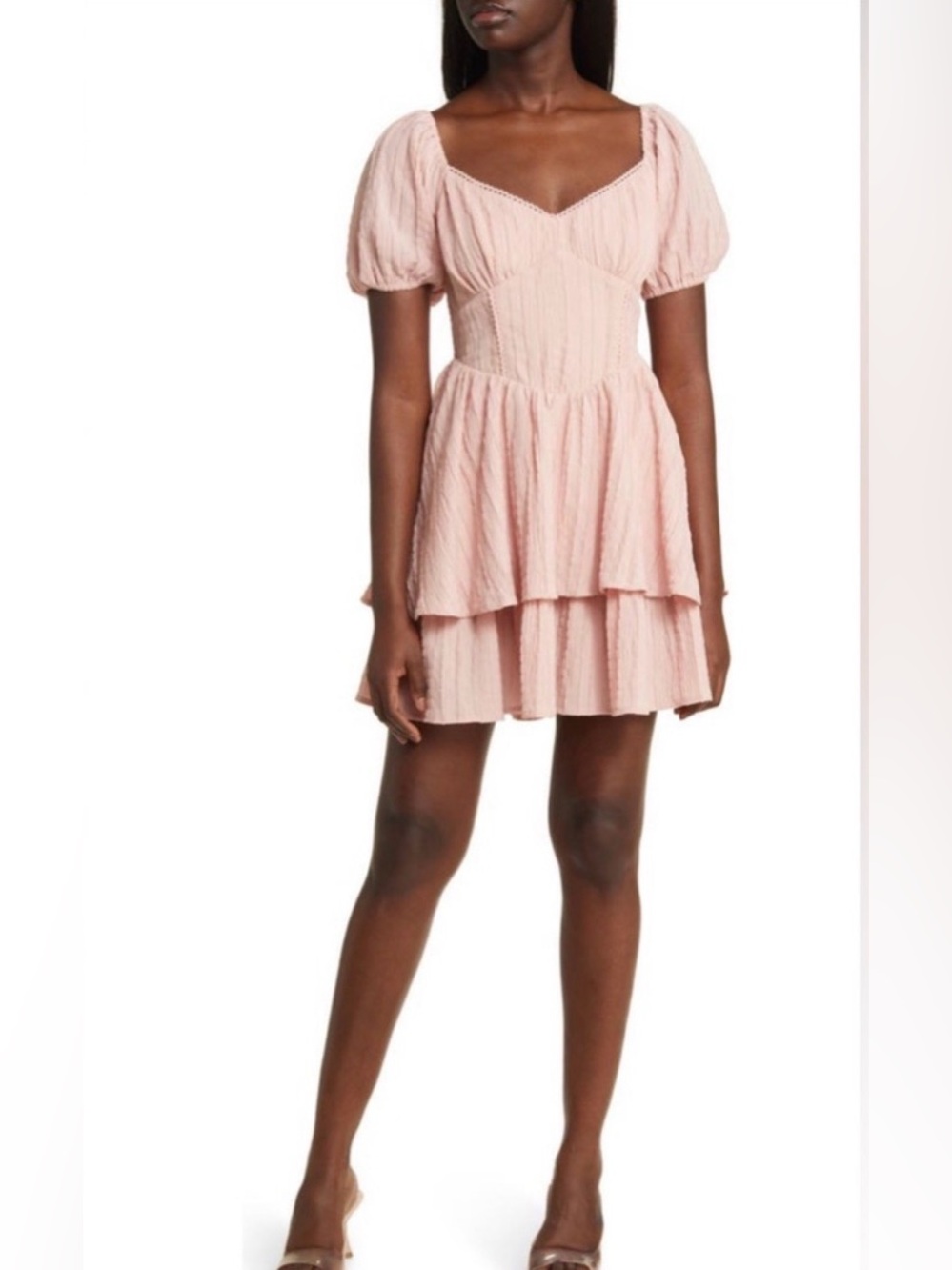 All in Favor Pink Puff Sleeve Tiered Mini Dress XS